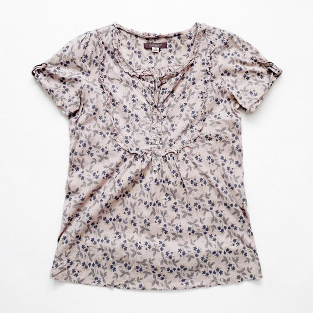 HERITAGE 1981 Floral Short Sleeve Button Neck Cotton Blouse/Shirt/Top Medium